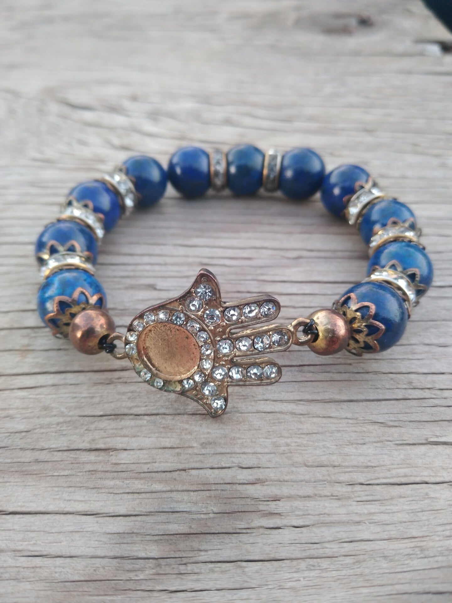 8 Inch 12MM Lapis Lazuli Beads with Bronze Hamsa and Spacers Stretch Bracelet Mens