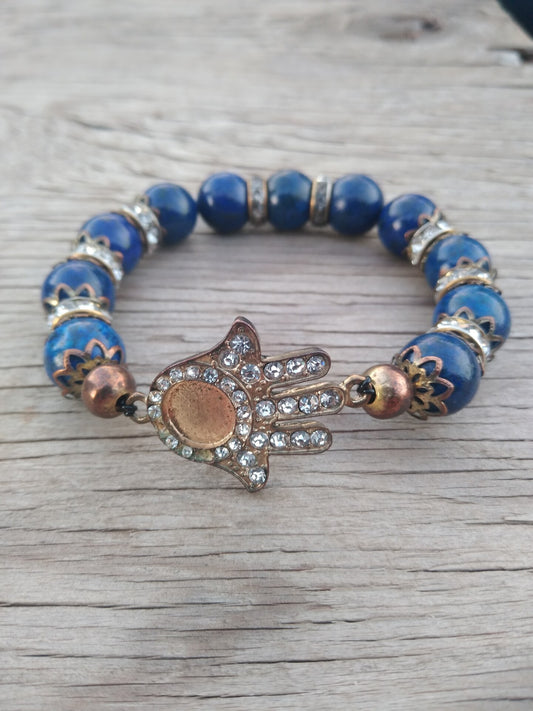 8 Inch 12MM Lapis Lazuli Beads with Bronze Hamsa and Spacers Stretch Bracelet Mens