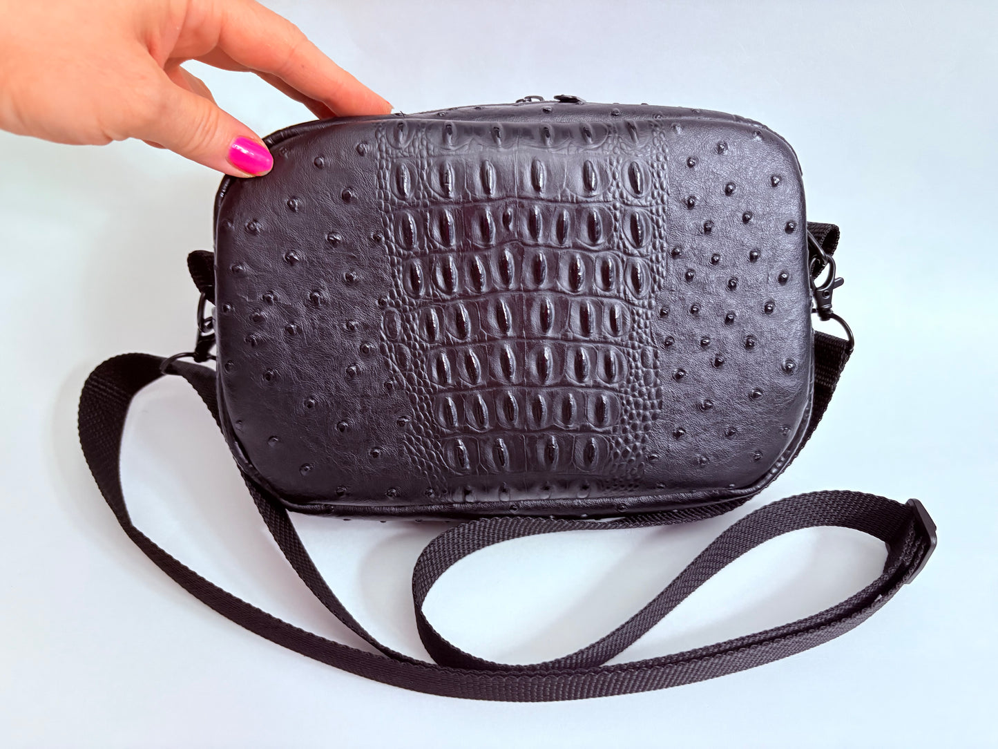 Ostrich matte black crossbody boxy bag