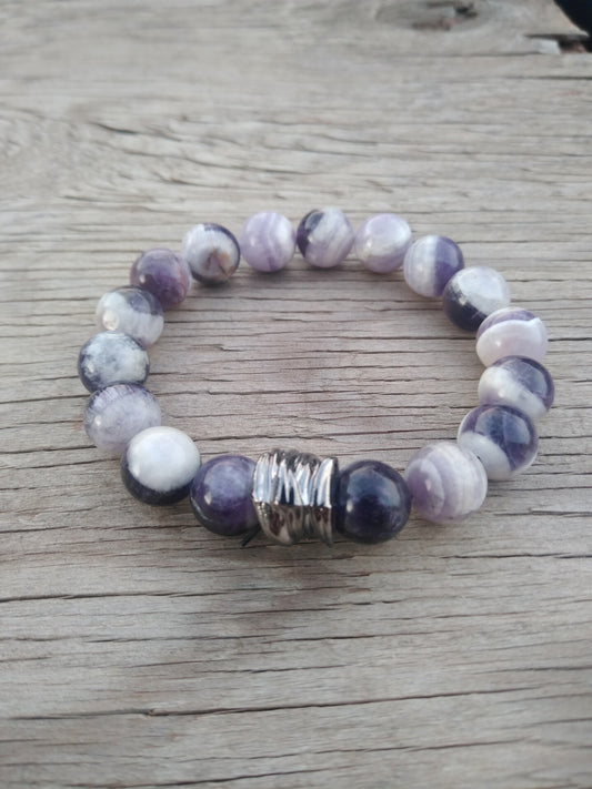 8 Inch 12MM Purple Amethyst Dog Tooth Style Beaded Stretch Bracelet with Spacer Mens