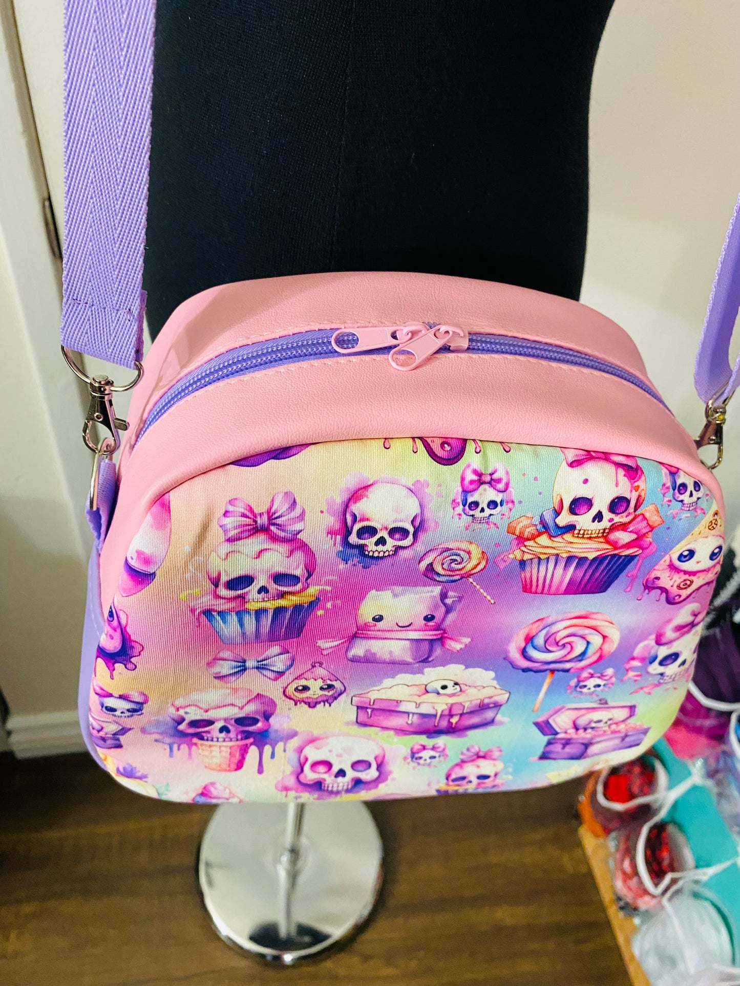 Cupcakes and skulls crossbody bowler