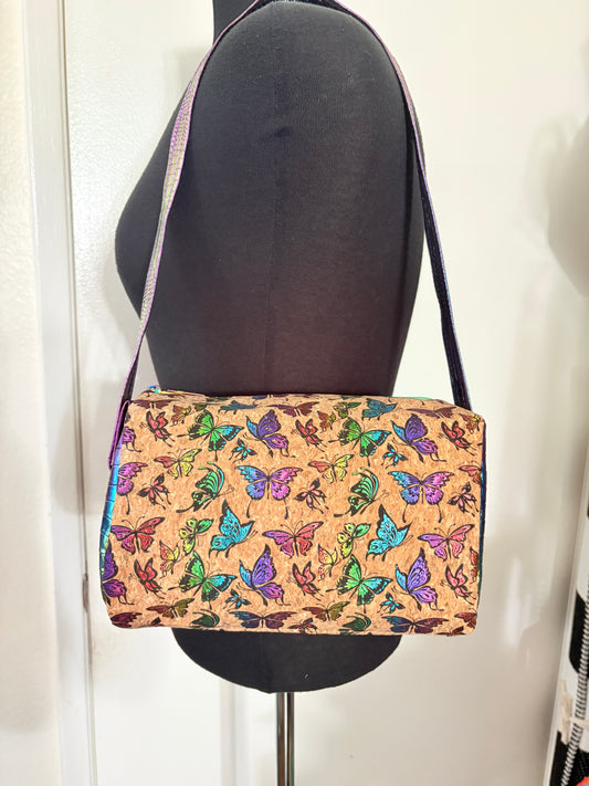 Butterfly cork metallic mini duffle shoulder bag