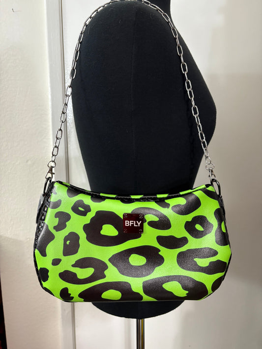 Neon green leopard shoulder bag with chain strap