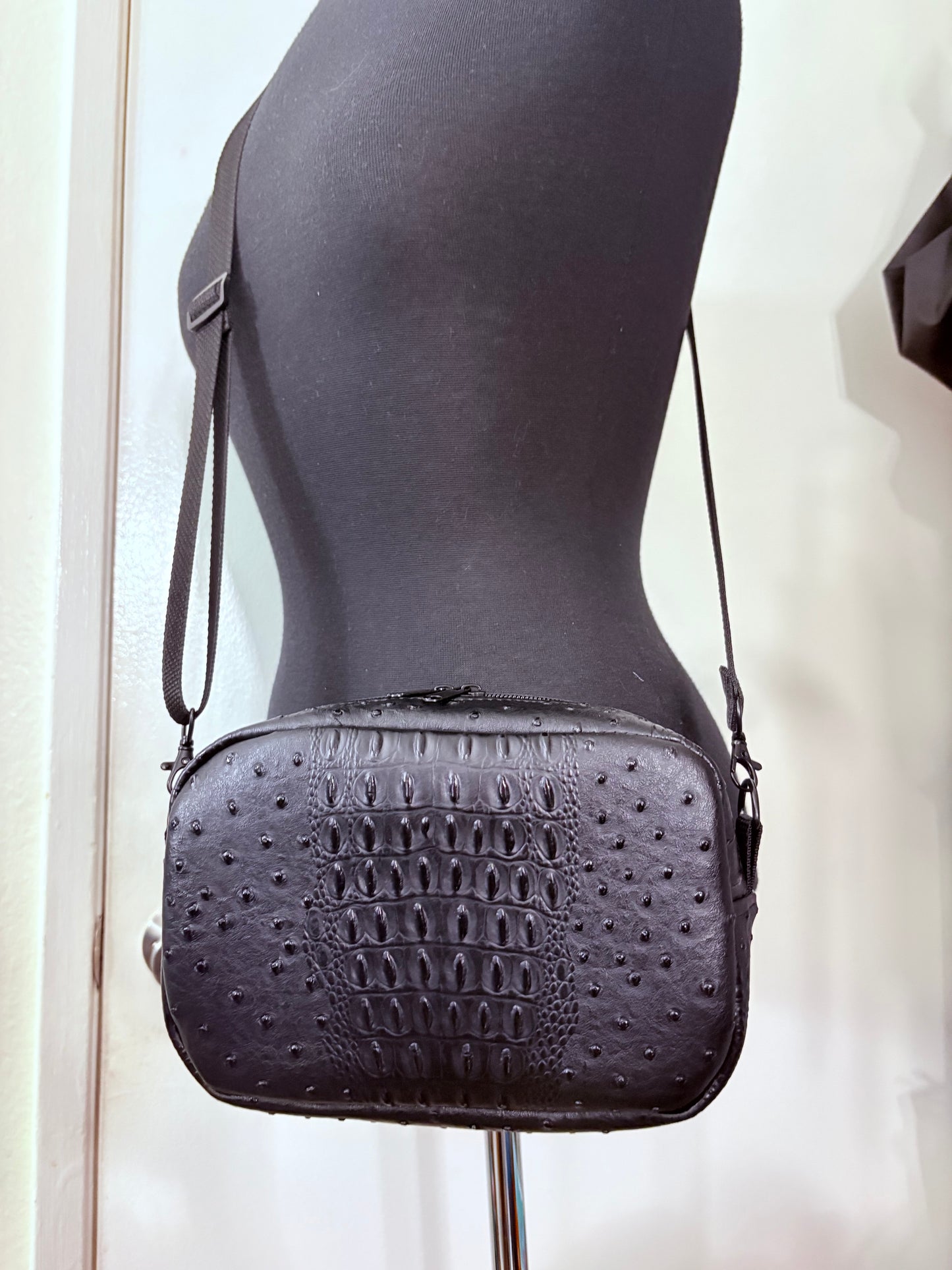 Ostrich matte black crossbody boxy bag