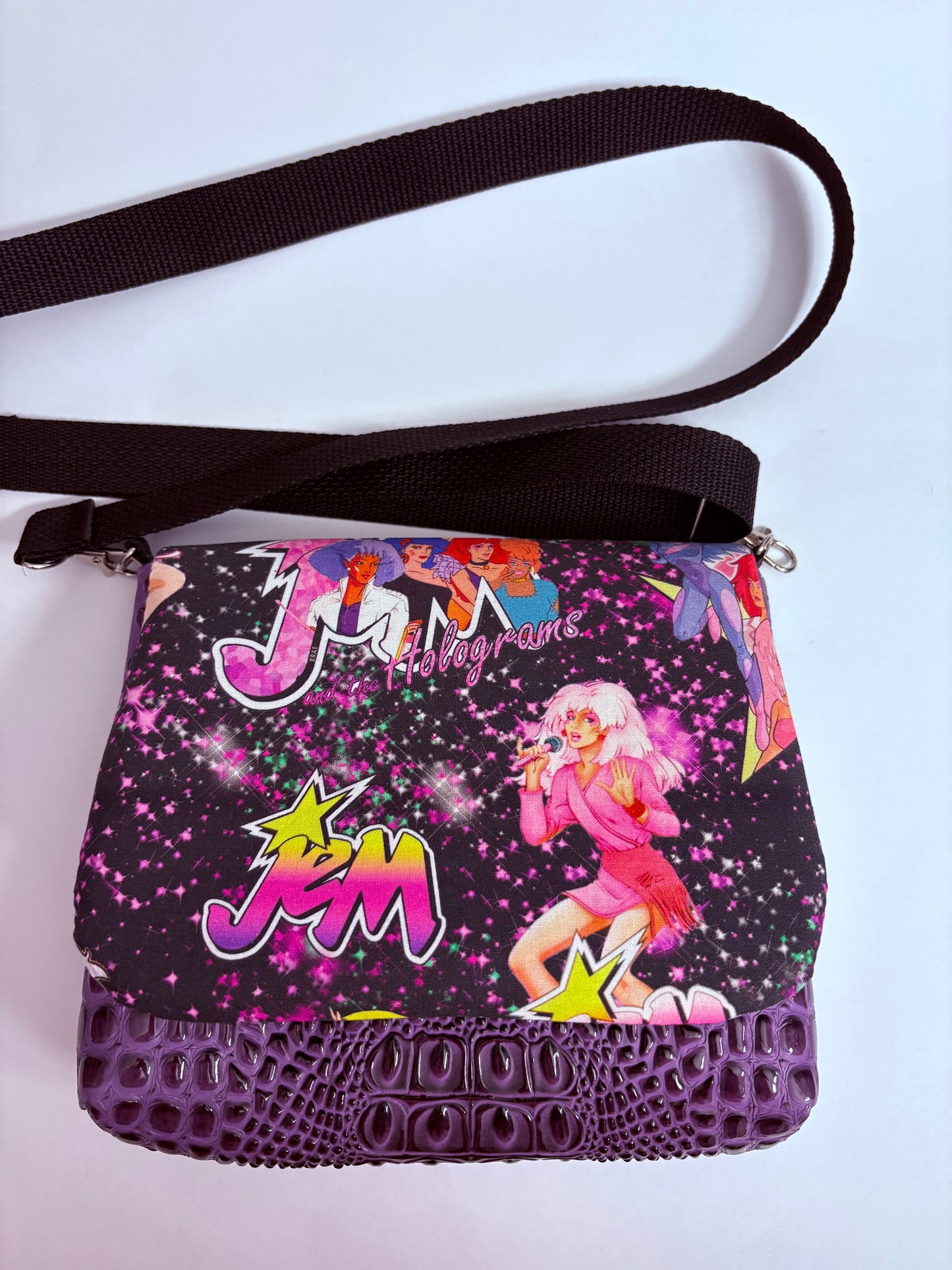 Jem and the hooograms purple 3D embossed croc crossbody flap bag