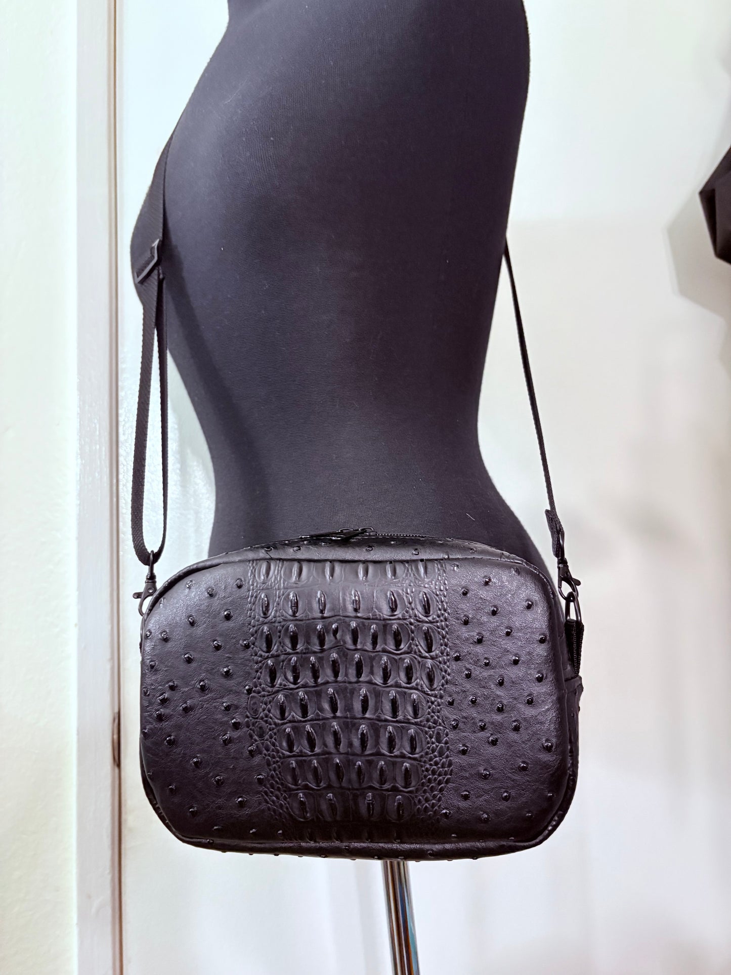 Ostrich matte black crossbody boxy bag