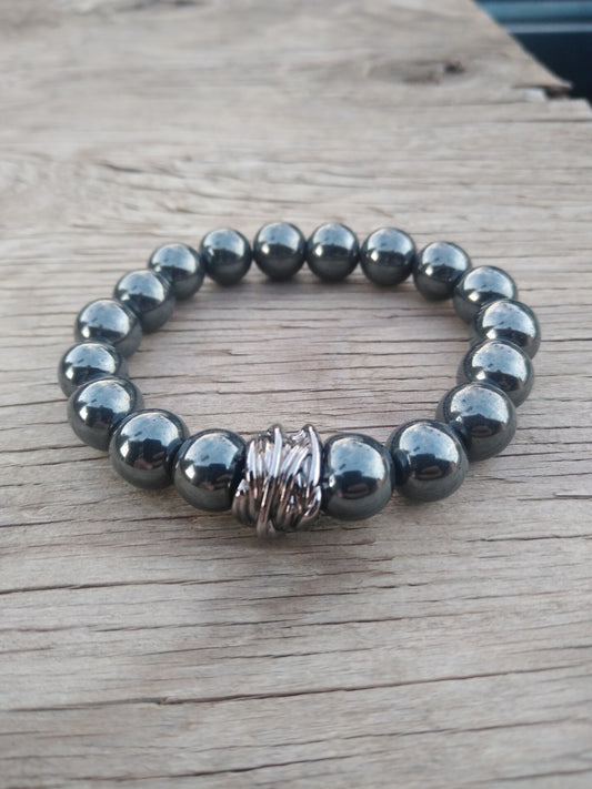 8 Inch 10MM Handmade Hematite Beaded Stretch Bracelet with Spacer Mens