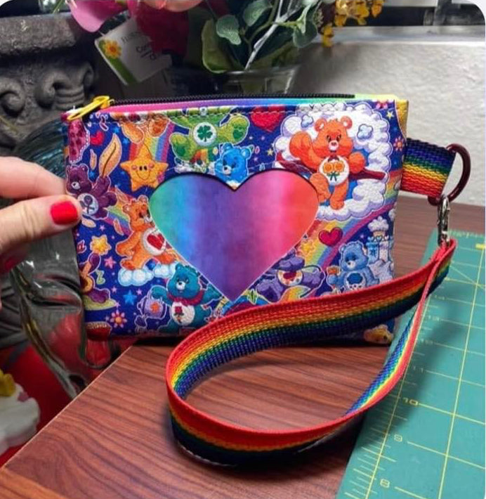 Bear heart wristlet pouch with rainbow heart appliqué