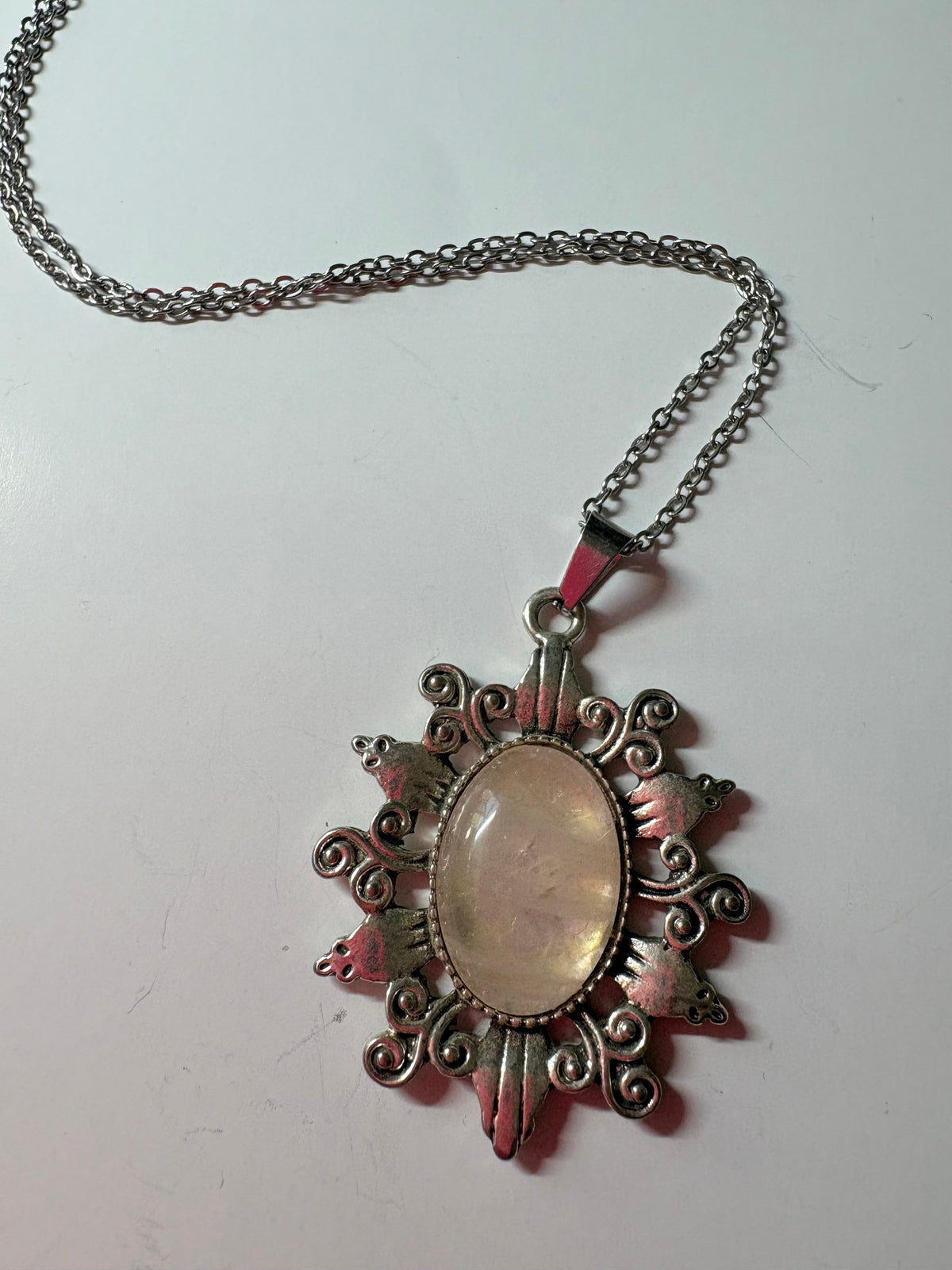 Baby pink rose quartz flower pendant necklace