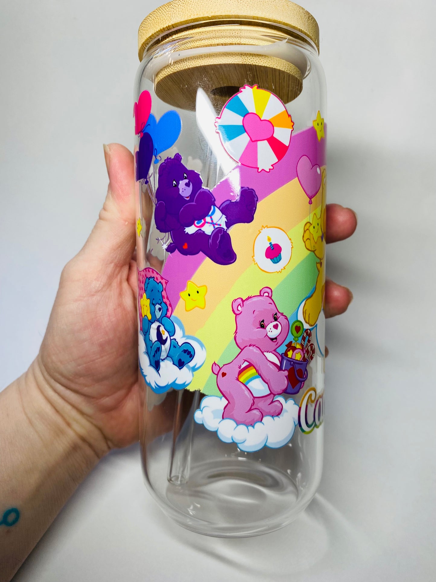 Carebear glass can with lid and straw 20oz