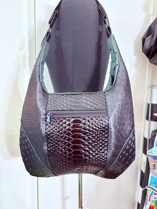 BLACK Ostrich python faux leather boho slouch tote