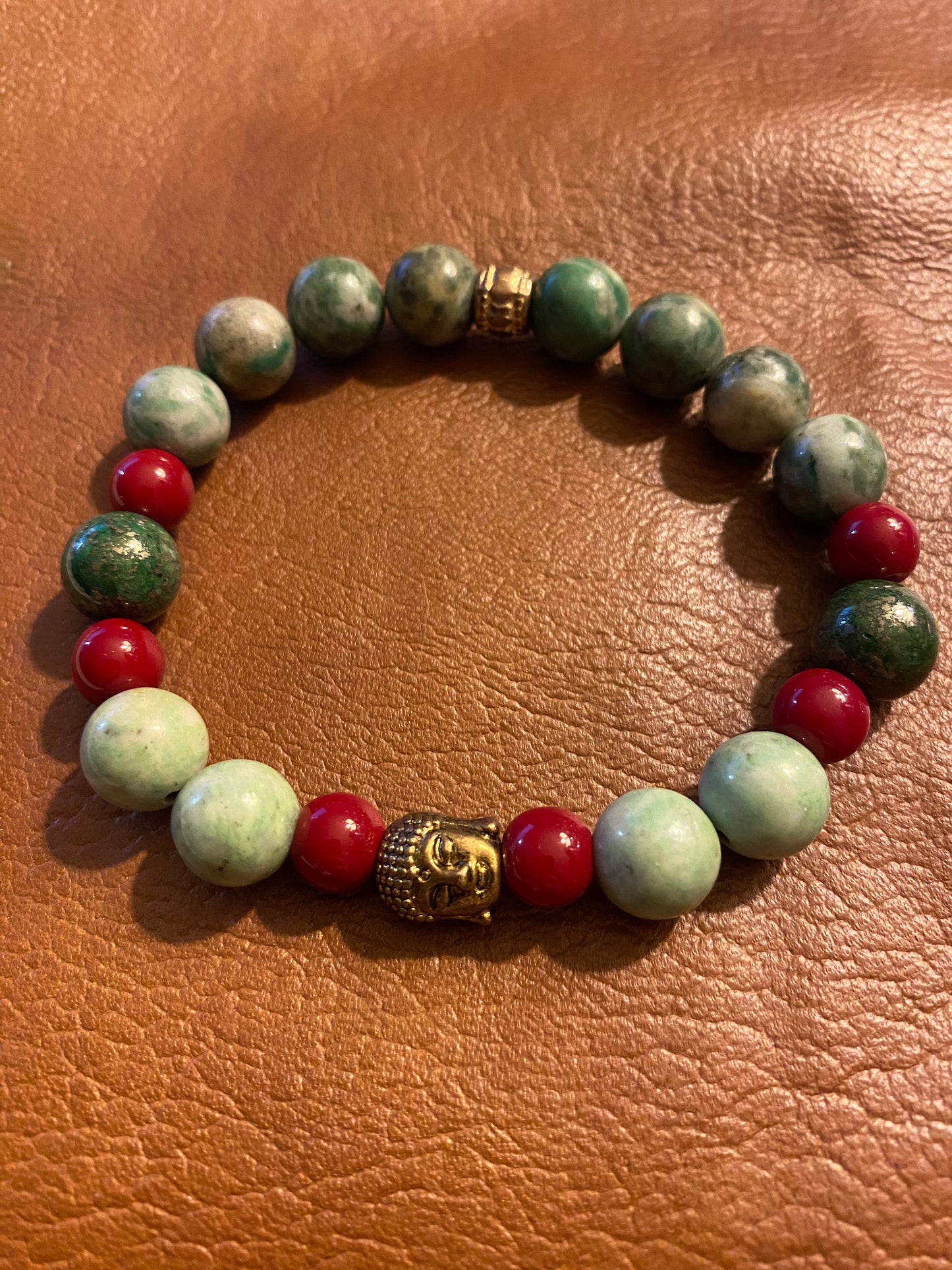 Chrysoprase bracelet with coral and Buddha charm