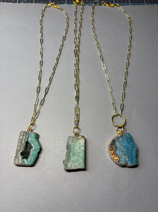 Teal quartz geode pendant necklace