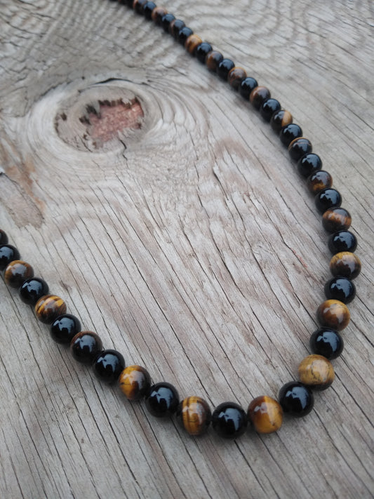 TIGER EYE & ONYX BEADED NECKLACE