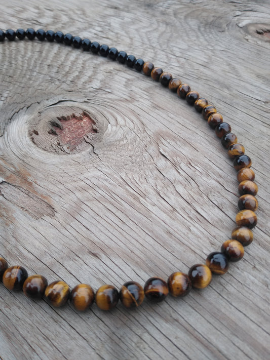 TIGER EYE & ONYX BEADED NECKLACE 50/50 STYLE