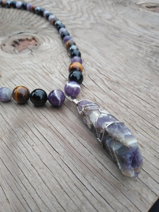 AMETHYST ONYX TIGER EYE HEMATITE BEADED NECKLACE WITH AMETHYST PENDANT