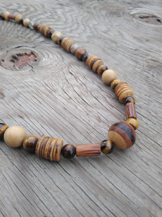 TIGER EYE & AGATE BEADED NECKLACE WITH WOODEN BEADS