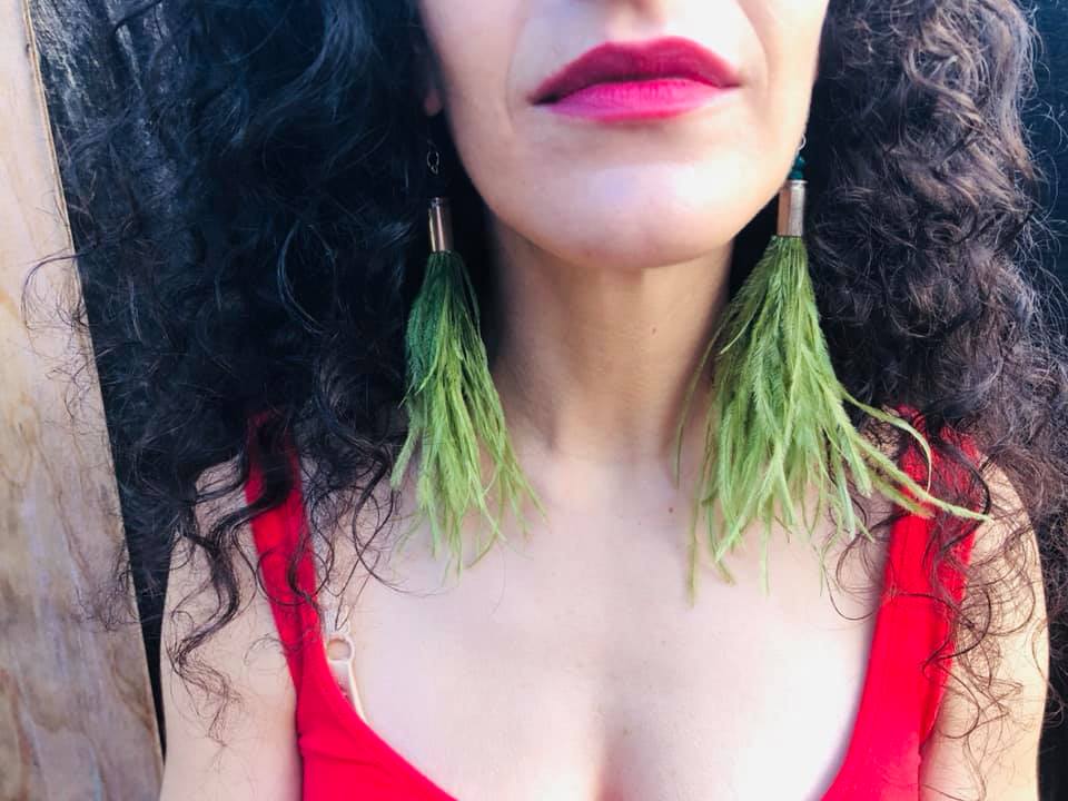 green olive feather boho bullet gypsy ostrich earrings