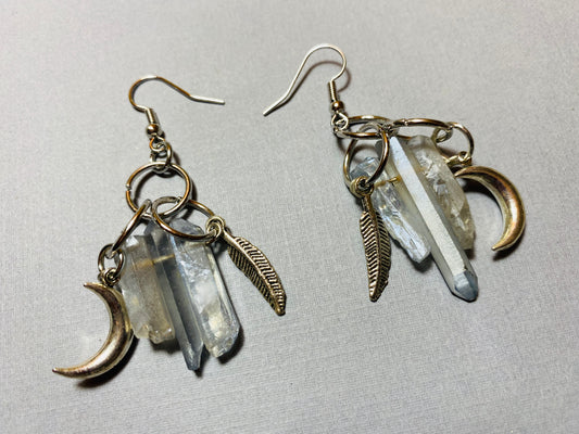 boho crystal feathers moon earrings