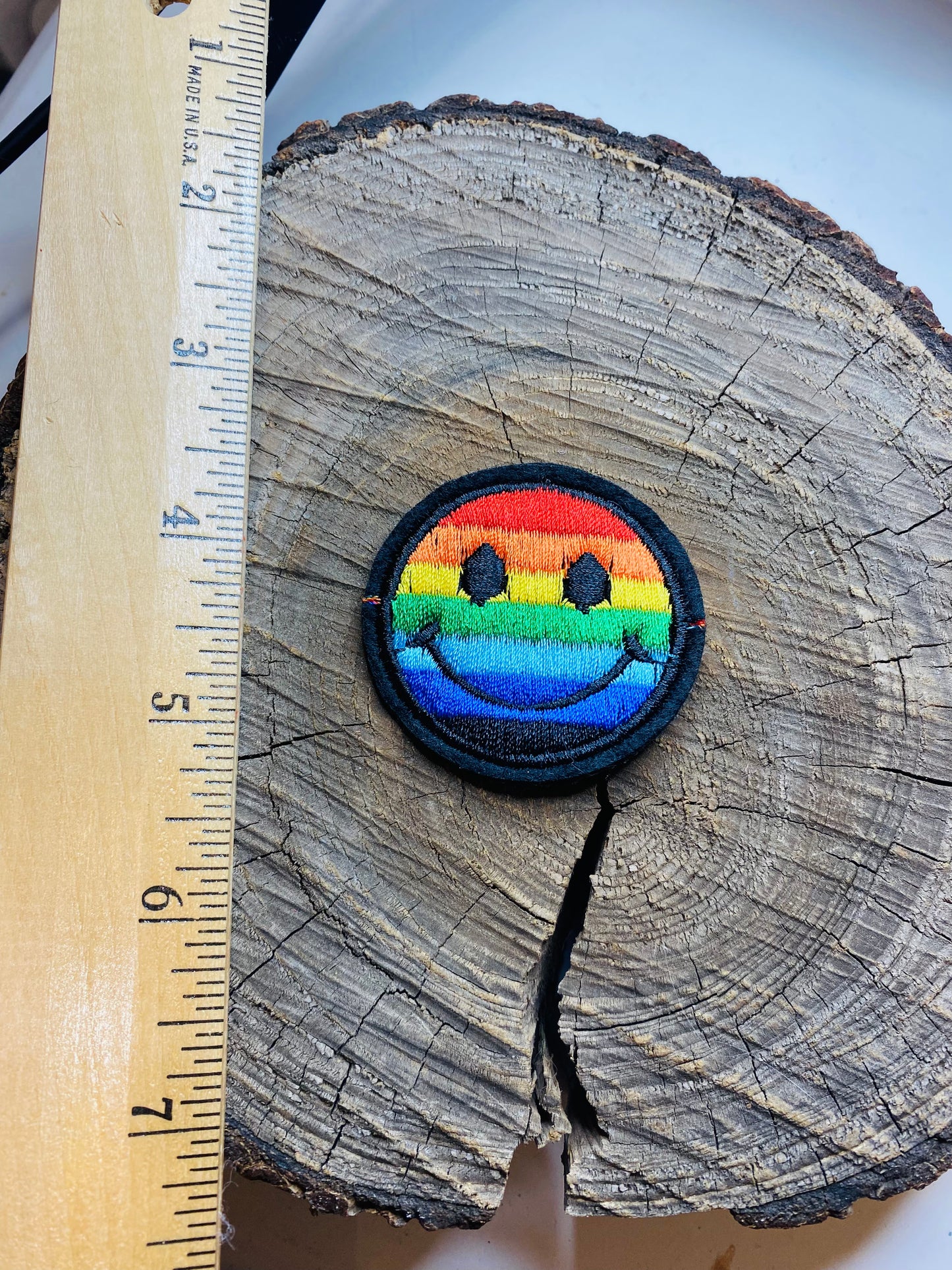 Rainbow smiley iron on patch