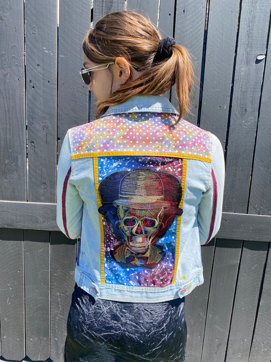 painted denim jacket skull patch