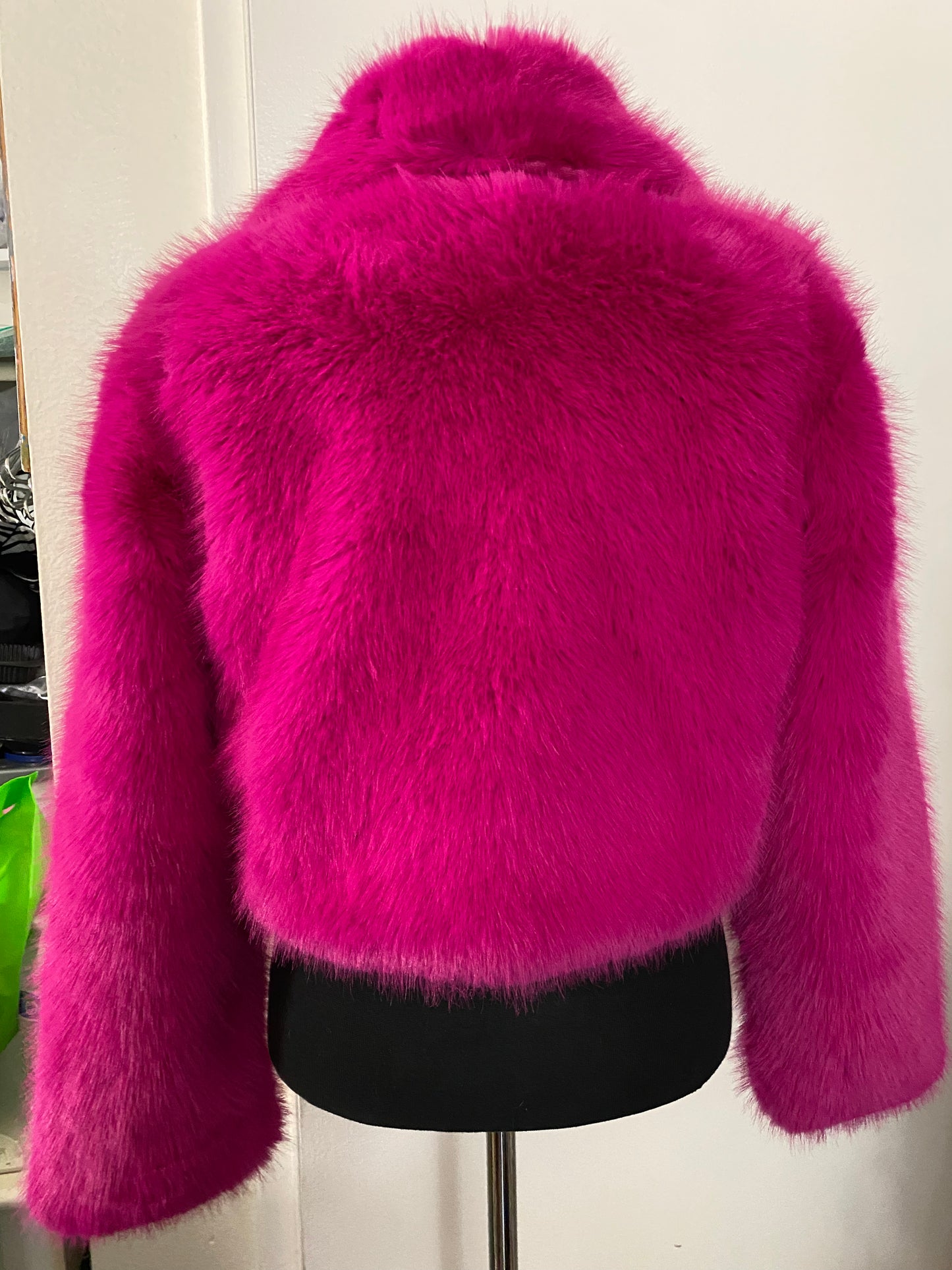 Neon pink fuzzy faux fur coat