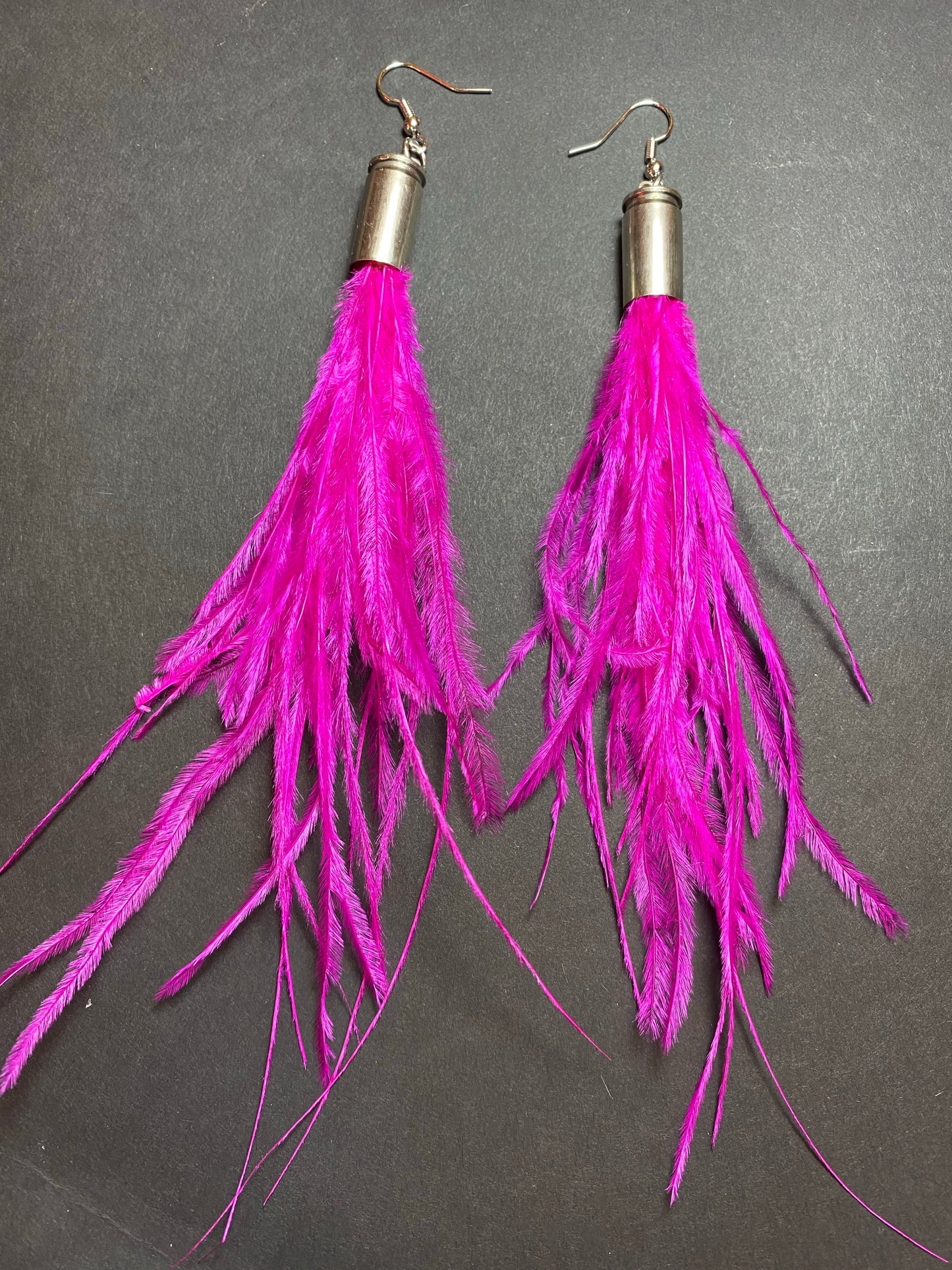 hot pink feather boho bullet gypsy ostrich earrings
