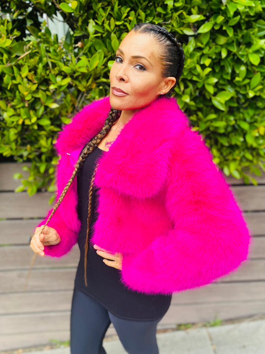 Neon pink fuzzy faux fur coat