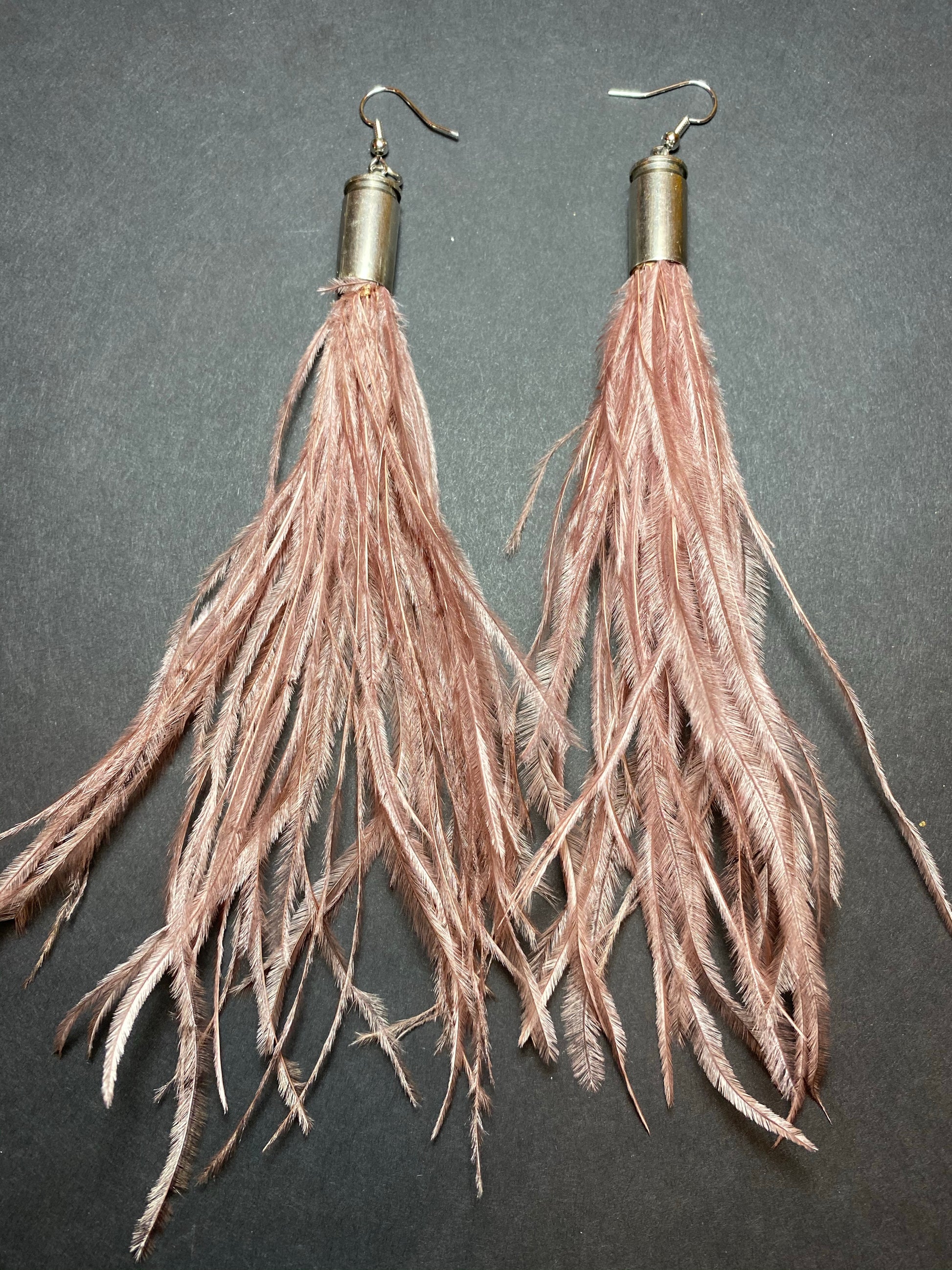blush mauve feather boho bullet gypsy ostrich earrings