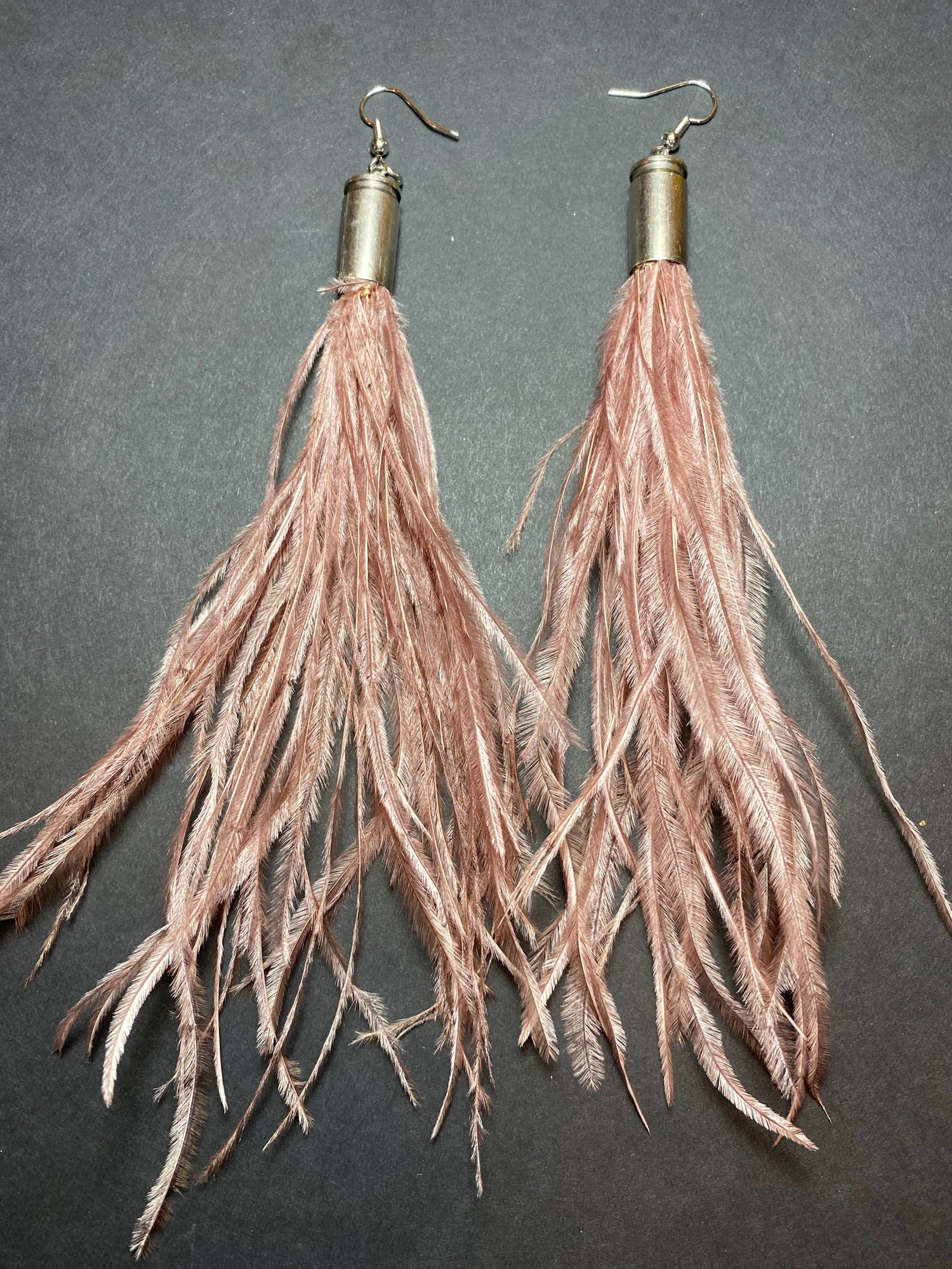 blush mauve feather boho bullet gypsy ostrich earrings