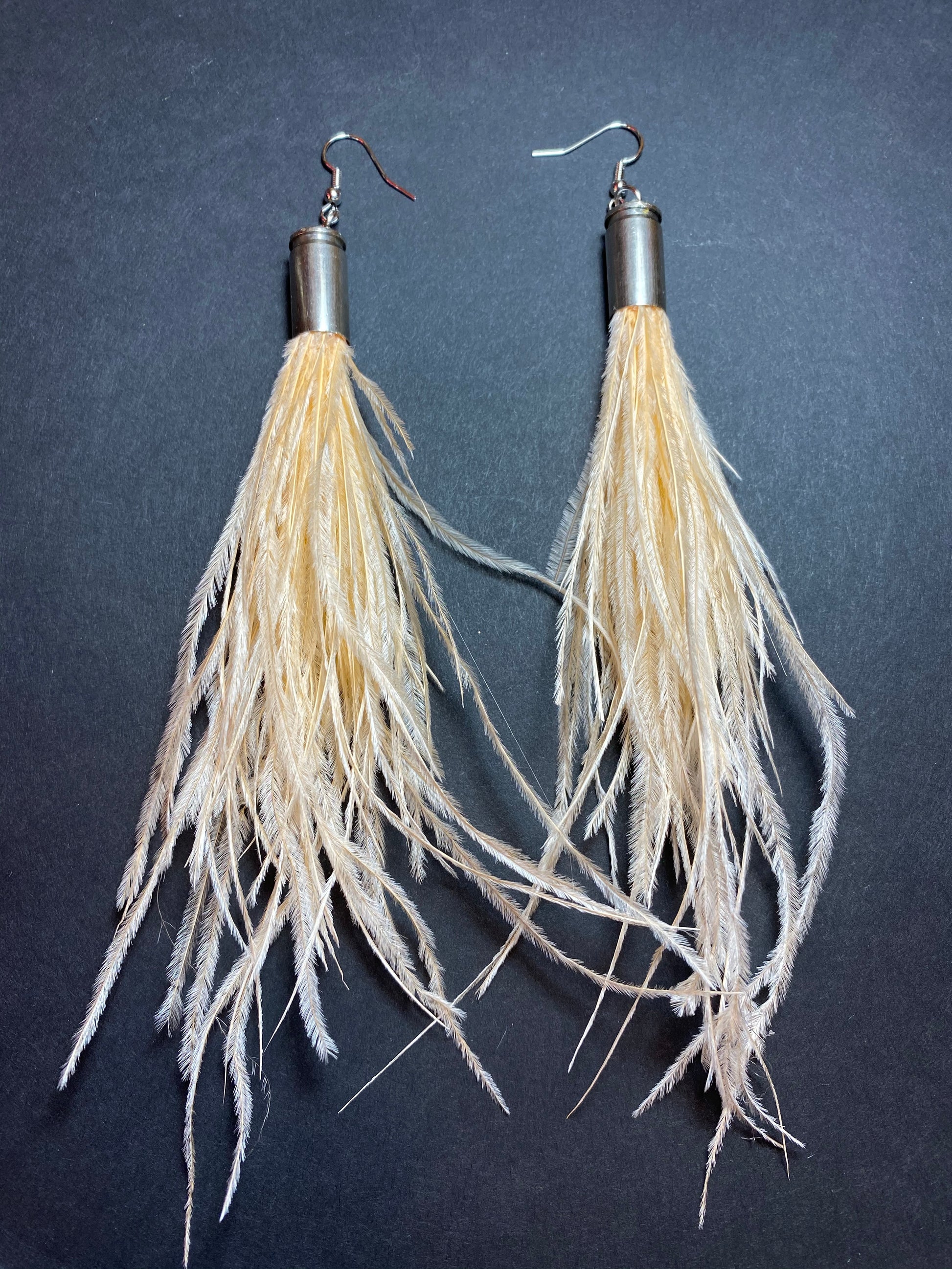 peach creme cream feather boho bullet gypsy ostrich earrings