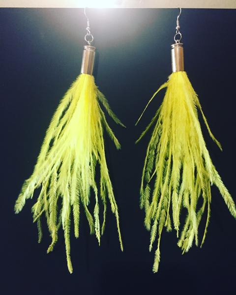 yellow feather boho bullet gypsy ostrich earrings